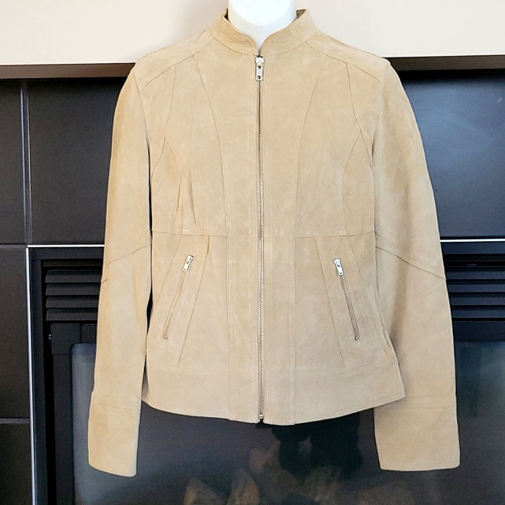 True Character Genuine Leather Slim Fit Jacket in Beige,Round-Neck Zipped Size S